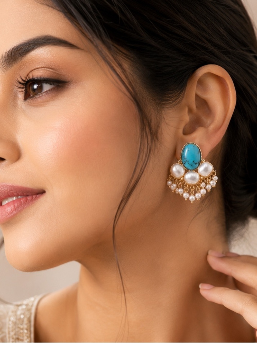 Turquoise Pearl Statement Earrings | Gold Boho Dangle Earrings